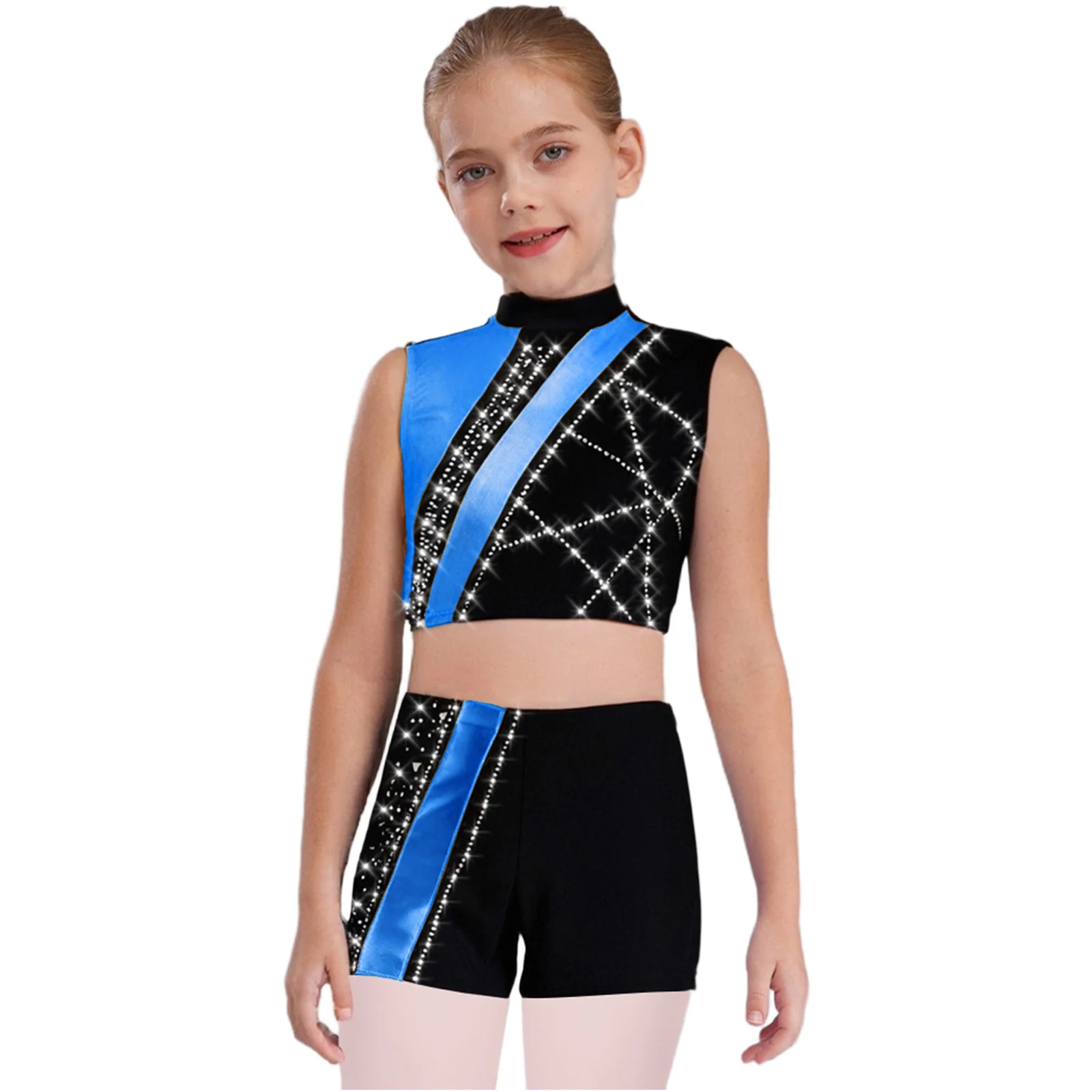Kids Girls Gymnastics Dance Performance Costume Sleeveless Rhinestones Metallic Crop Top with Shorts Set for Figure Skating Wear