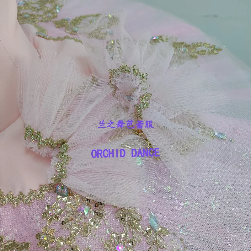 Women nude pink V-neck spaghetti strap corset professional tutu ballet costume gilded feather rhinestone embroidery light pink g view 4