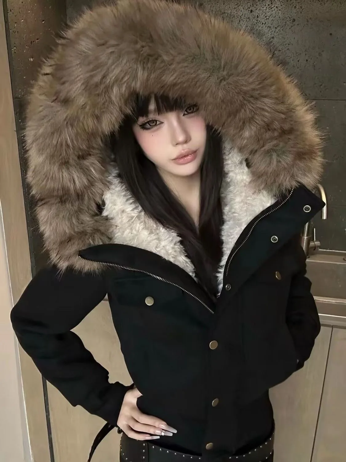 Subculture Women's Winter High Street Jacket 2000s Korean Thickened Faux Collar Hooded Outerwear Y2k American Vintage Short Coat