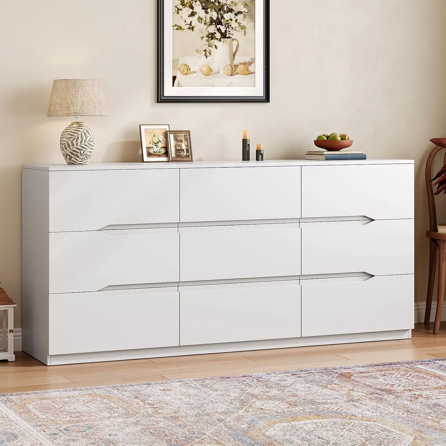 #White 9 Drawer Dresser Bedroom Chest with Groove Handle Slide Rail Storage Cabinet Living Room Hallway Closet,Customized