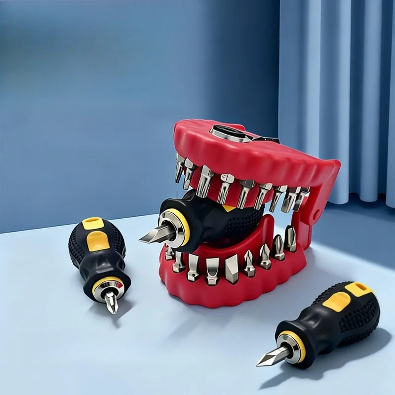 

Многофункциональный портативный набор отверток, держатель для отверток в форме забавных зубов, 28 магнитных бит из CR-V, трещоточный ключ 72