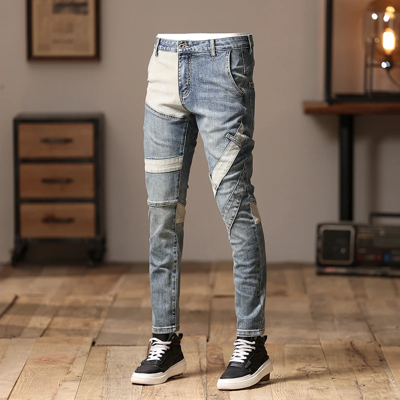 Pantalones vaqueros rasgados de estilo Hip Hop para Hombre, Jeans elásticos de estilo Retro, color azul, diseño empalmado