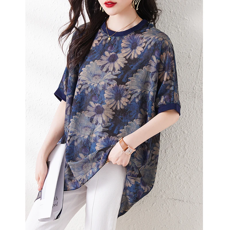 2023 Summer New O-Neck Silk Short Sleeve Flower Print T-shirt Loose Large Women's Slim and Fashionable Chiffon Shirt Long Top