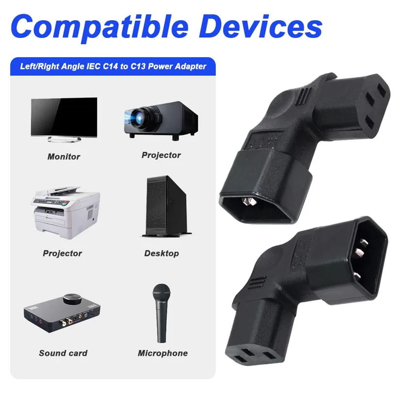 IEC C14 to C13 Power Adapter 90 Degree Right Left Angle 3-Pin Male to Female Converter for Computer Server Power Cord