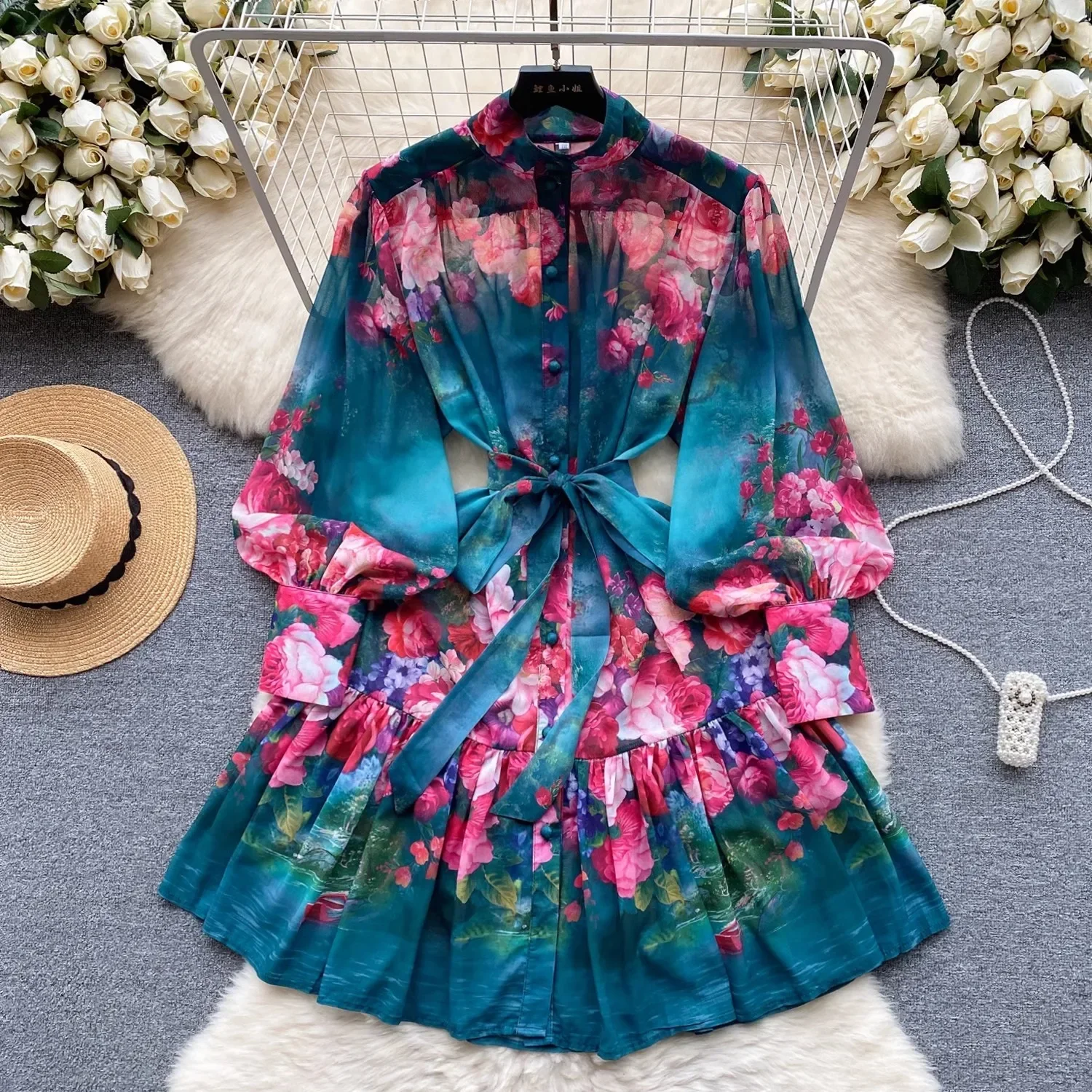 Vestido estampado floral de manga longa com lanterna feminino, vestido curto praia, gola alta, chiffon com renda, solto, feriado de verão, novo, faixas, 2024