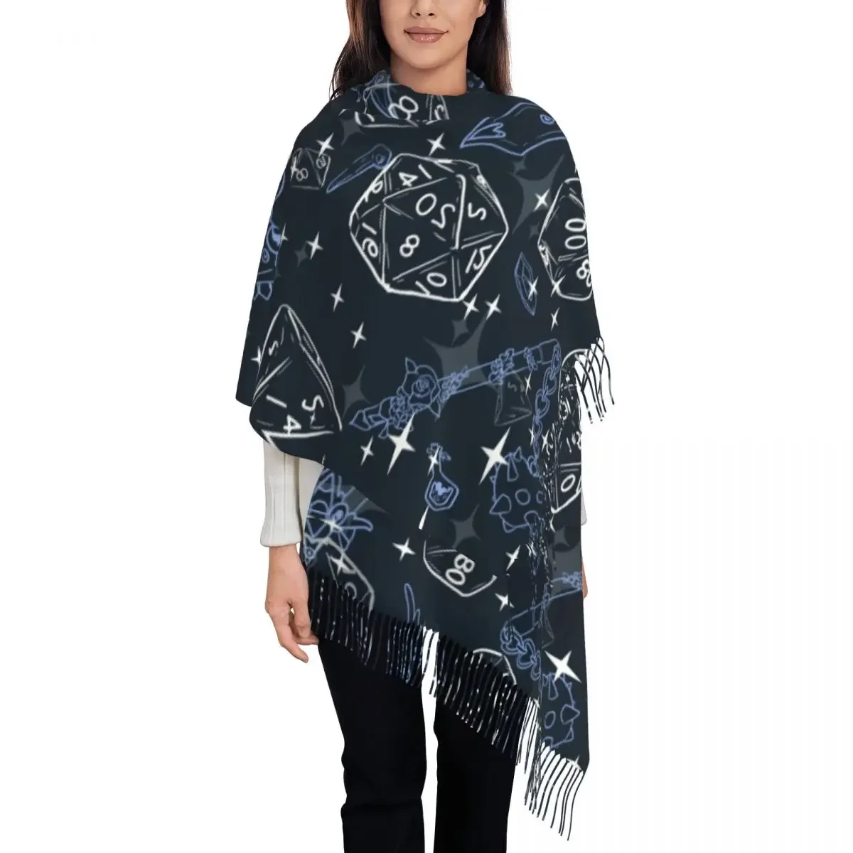 D20 Dice Pattern Tassel Scarf Women Soft Fantasy Dragons DnD Game Shawl Wrap Ladies Winter Scarves