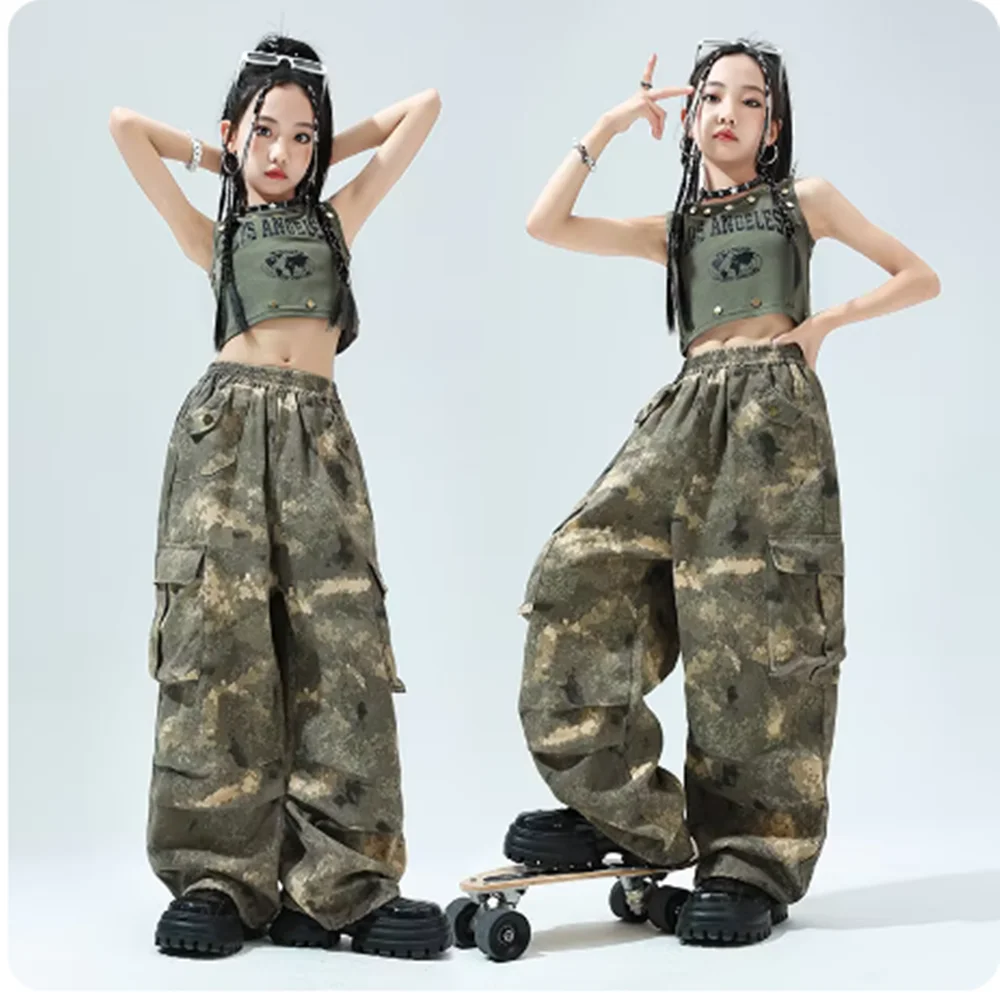 그린 재즈 댄스복 소녀 케이팝 힙합 댄스복, 어린이 스트리트 댄스 공연 코스튬, 어린이 조끼, 위장 바지