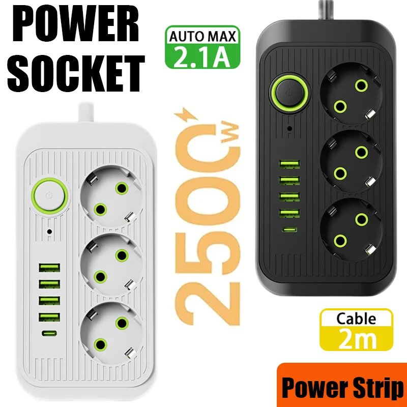 EU Plug 3 AC Outlets Extension Cable Socket Electrical Power Strip with 4 USB 1 Type C Network Filter Fast Charging Adapter