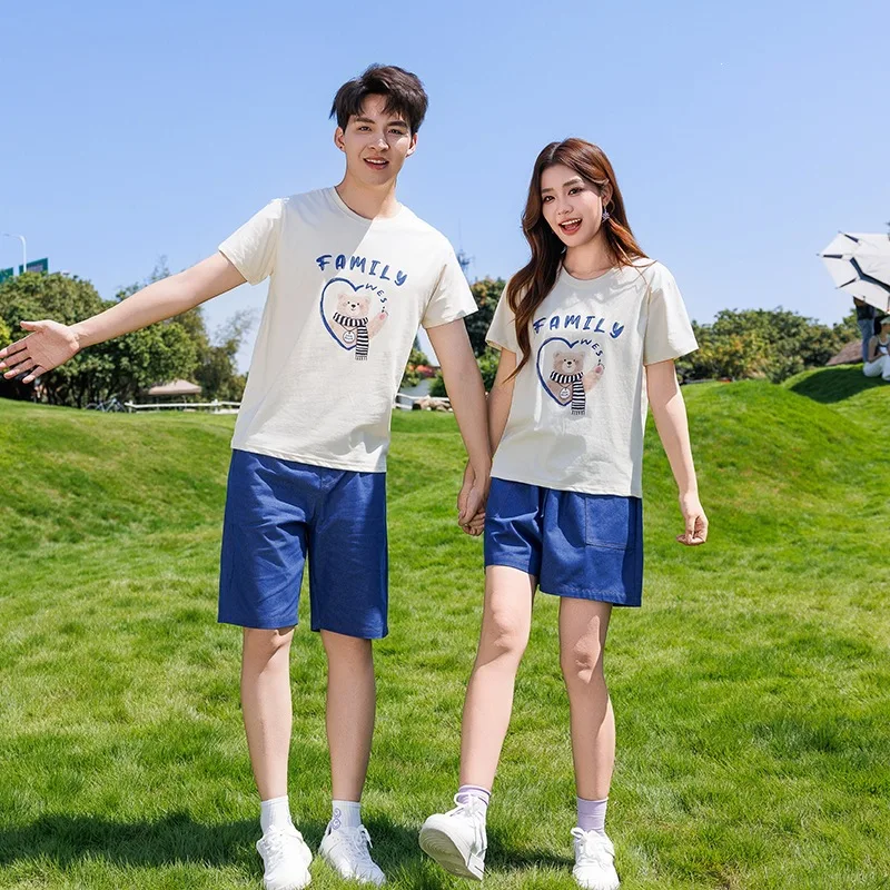 2026 Summer Family Matching Outfit Set Cute Bear Print T-Shirt & Denim Shorts Casual Cotton Outfits for Mom Dad and Kids