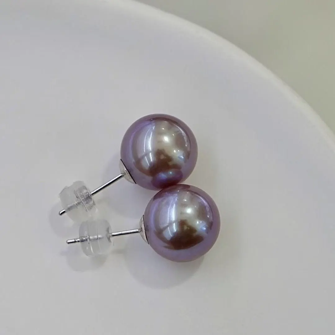 

Rare purple natural round pearl 925 silver needle earrings AAAA 9-10mm 10-11mm