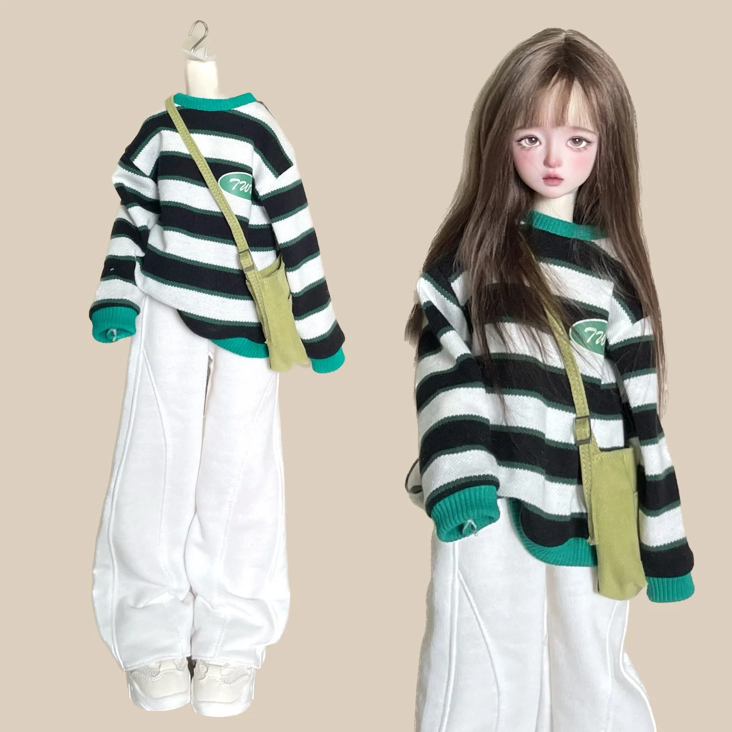 

BJD (1/4 BJD Doll Clothes) Color-Matching Striped Crew-neck Hoodie Sweatshirt White Sports Wide-leg Pants Crossbody Bag