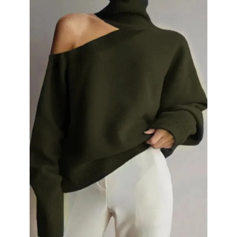 

Women's Fall Fashion 2025 Cold Shoulder Sweaters Long Sleeve Knitted Oversized Turtleneck Sweaters