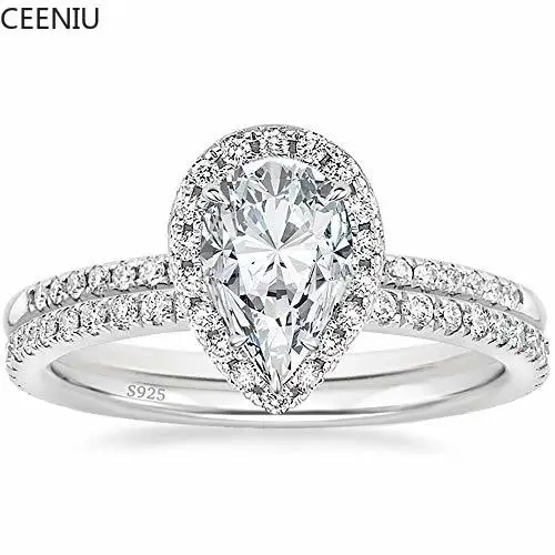 925 Sterling Silver Wedding Band Teardrop Bridal Rings Sets Halo Cubic Zirconia Solitaire Engagement Ring For Women Size