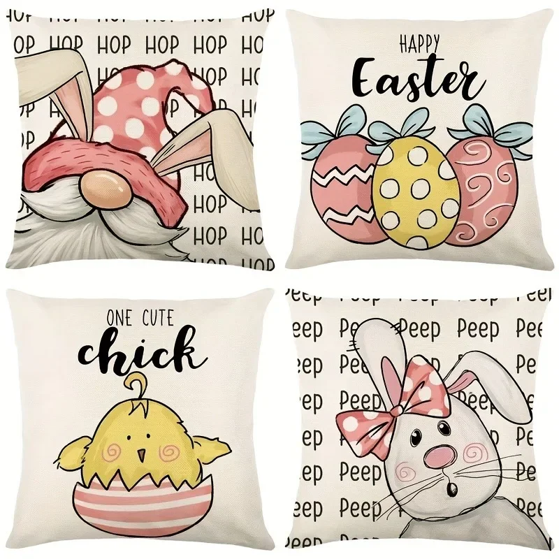 Easter decoration pillow cover, chicken rabbit egg pattern design sofa cushion cover home bedroom room decoration