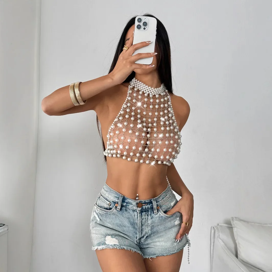 

Роскошный многослойный пластиковый жемчуг, металлическая цепочка, жилет с лямкой на шее, бюстгальтер-цепочка для женщин, сексуальные укороченные топы с открытой спиной, летние вечерние украшения для тела