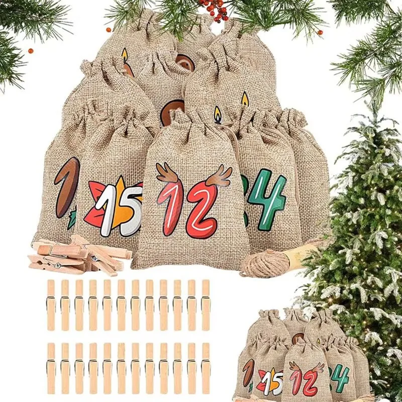 

Christmas Advents Bags Cute Christmas Candy Bags Partyfavor 24X Reusable Burlap Holiday Christmas Candy Holder Supplies