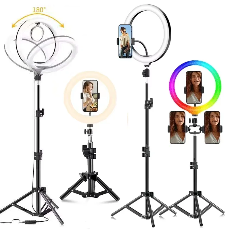 Adjustable-height Live Broadcast Camera Phone Holder Stand Tripod with 10'' Ring Selfie Light for Youtube Shooting Vlog Video