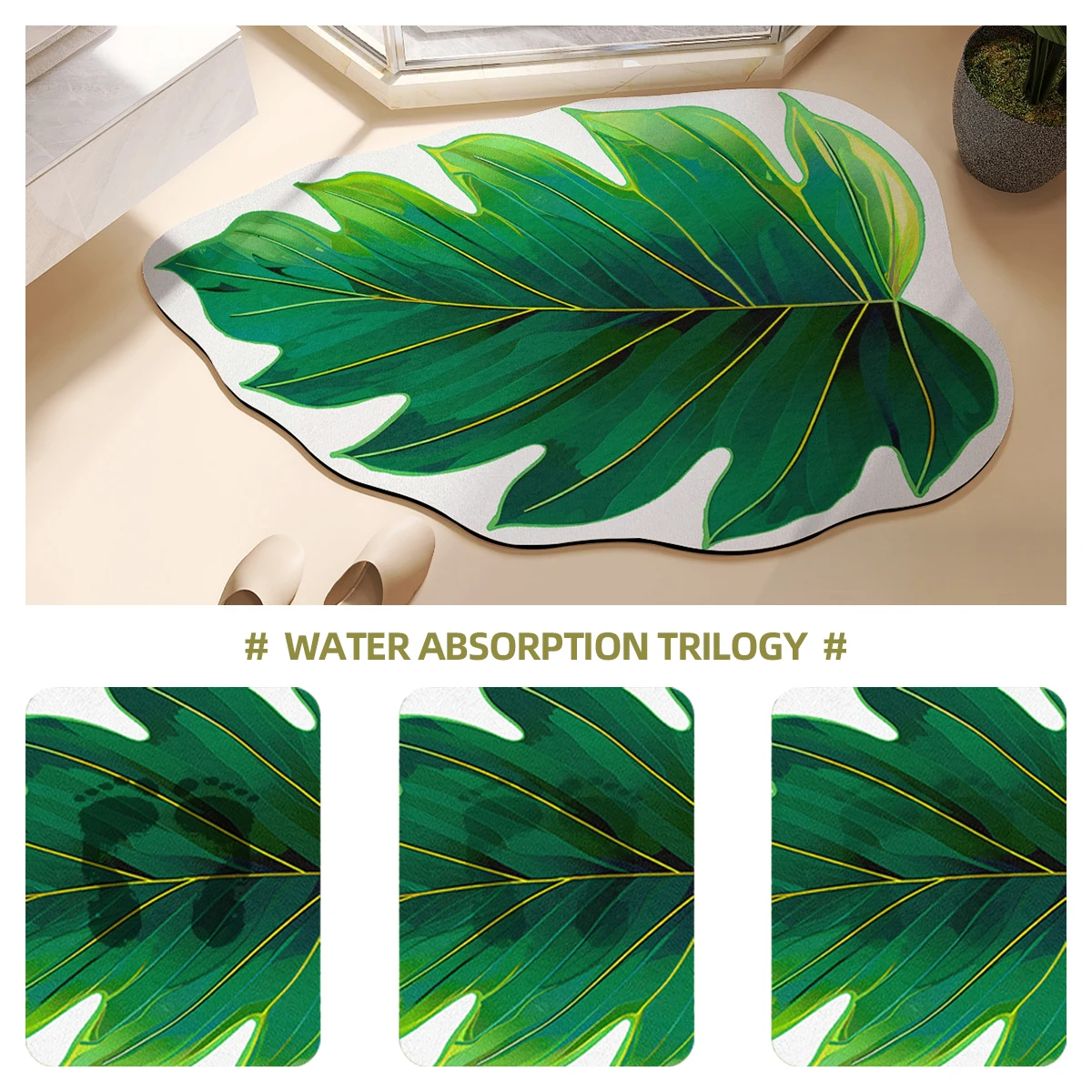 Diatomaceous Earth Green Leaf Bath Mat Bathroom Super Absorbent Floor Foot Mats Toilet Carpet Non-slip Shower Rugs Washable