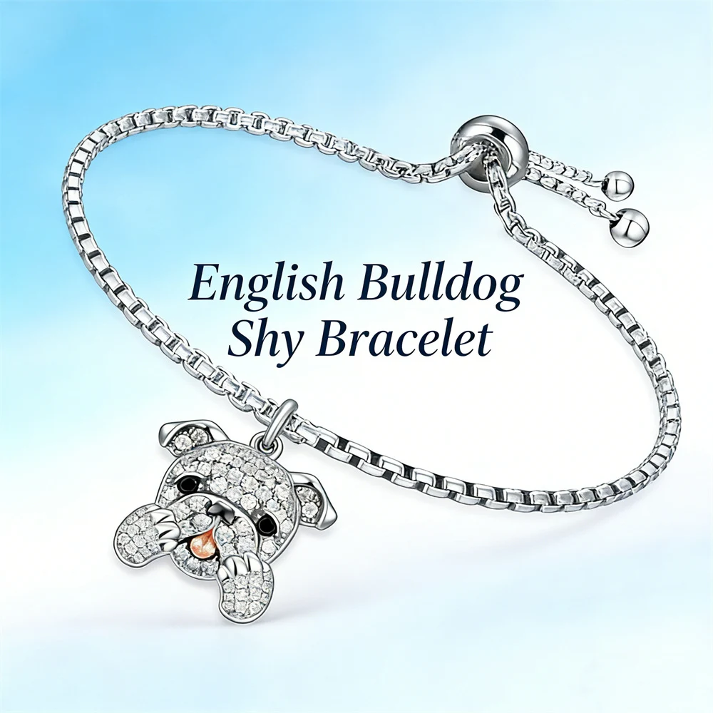 Shy British Bulldog Adjustable Bracelet Silver Tone Sparkling Accent Zinc Alloy Pet Jewelry for Women Dog Lovers Gift