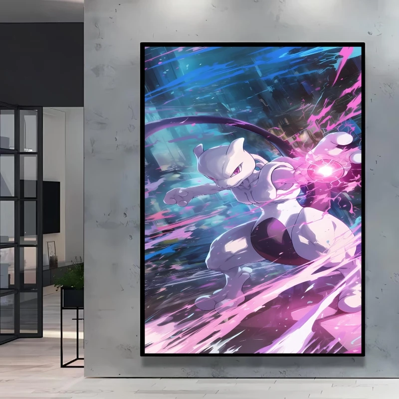 الكلاسيكية أنيمي البوكيمون Mewtwo المشارك HD شخصية كرتونية صور قماش اللوحة ديكور المنزل غرفة المعيشة ديكور هدية أحجام متنوعة