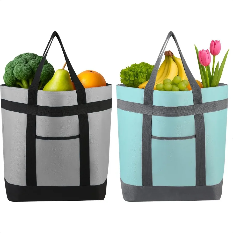 2 Stück isolierte Kühl-Tragetaschen, weiche Tragetaschen mit Reißverschluss oben und seitlichen Taschen für Lebensmitteleinkauf, Reisen, Strand, groß, auslaufsicher