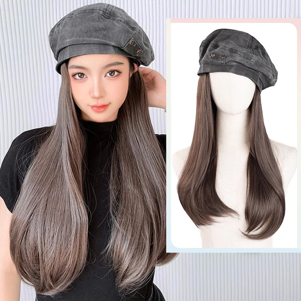 Hat Wig Women's Fashion Popular Trend Wig Women's Full Head Cover Cowboy Beret Hat Long Hair