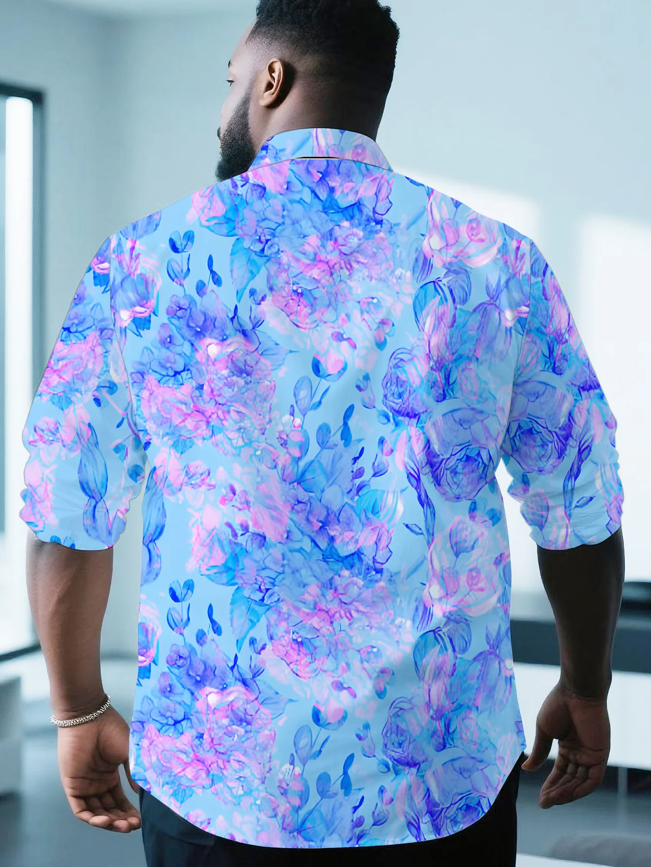 Men Plus Size Long Sleeve Button Down Shirt Blue‑Purple Watercolor Floral Print Polyester Lapel Collar Casual