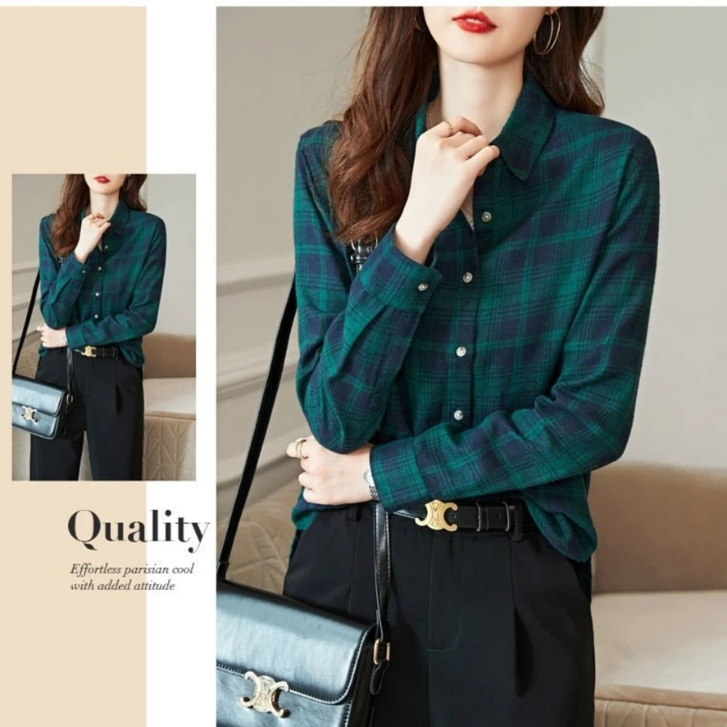 Women\'s Shirt New Spring Autumn Long Sleeve Single-breasted Polo-neck Casual Printing Plaid Office Lady Elegant Fashion Cardigan