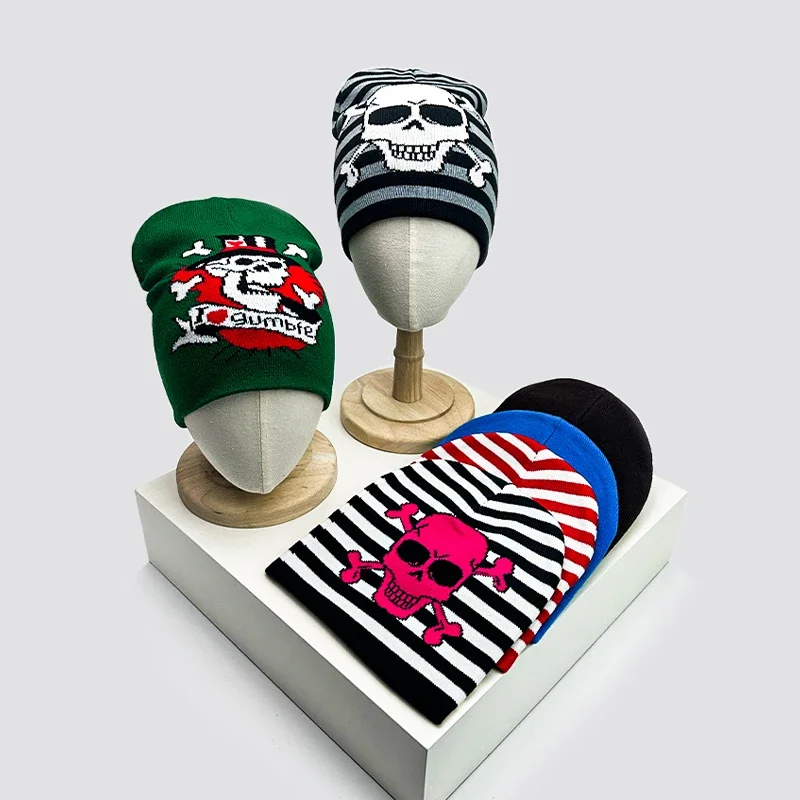 Autumn and Winter Skull Stripe Hip Hop Wool Bucket Knitted Hats Color Block Warm Comfortable Versatile Personal Fashion Street