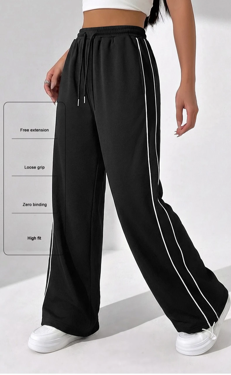 Damen-Sporthose mit weitem Bein, doppelseitigen Streifen und Kordelzug, lockere Hose für Fitness, Laufen, Freizeit, hohe Dehnbarkeit, sportliche Hose – Detail 4