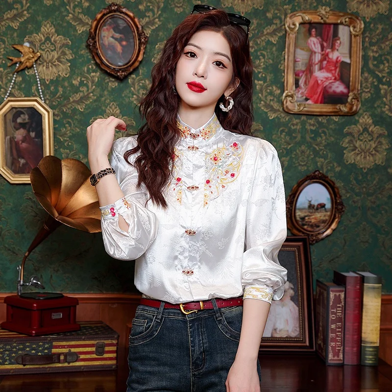 

Ele New Chinese Sle irt Women's Stand Collar Button up Long Sve Loose Fit Regular Length Polyester Blend Elastic F...