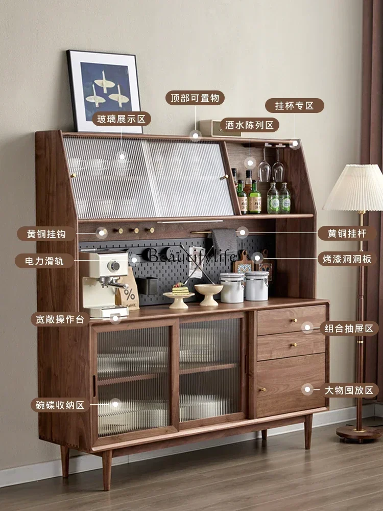 

yj5 Sideboard Cabinet Solid Wood Integrated Nordic Wall Storage High Glass Cabinet Storage Black Walnut