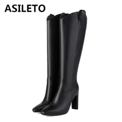 ASILETO 10cm Heel Fashion Knee Boots Wide Leg Autumn Winter Slip On Antislip Shoes Big Size 45 46 47 48 US17 Brown