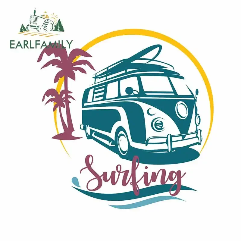 EARLFAMILY 13cm x 12.7cm Surfing Camper Repair Car Sticker DIY Summer Bus Funny Caravan Decal Funny Motorcycle Vinyl Car Styling