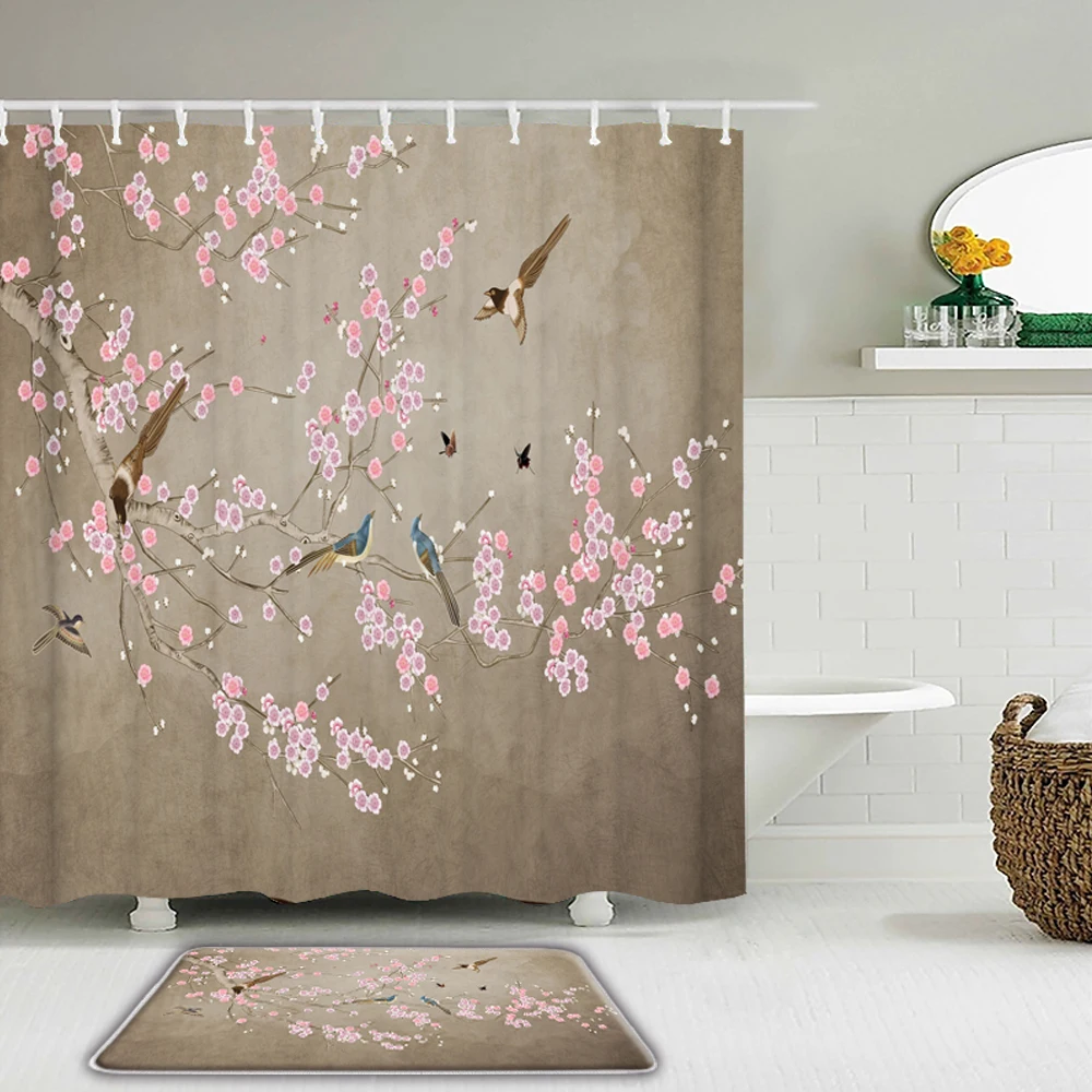 Waterproof Bathroom Shower Curtain Plant Flower Birds Bath Curtain Set and Toilet Non-Slip Mat Rug Carpet Home Decor