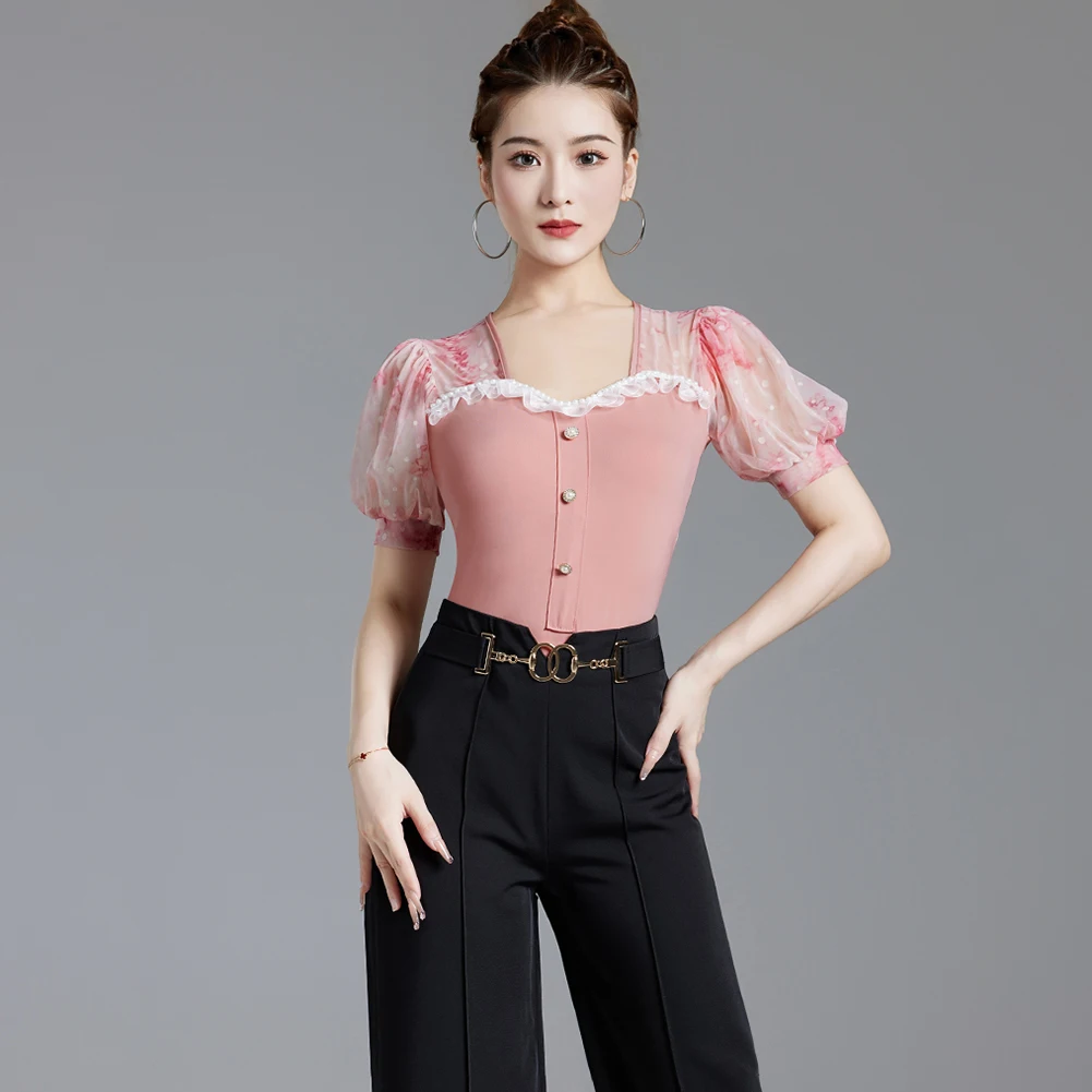 Line Dancer Top Lantern Sleeve British Style Latin Short-Sleeved One-Piece Top Modern Dance Social Dance New Style