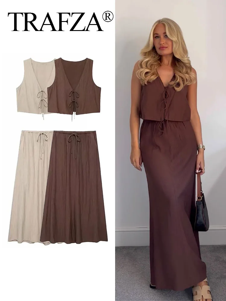 TRAFZA Women Solid Skirt Sets Summer Elegant V-Neck Lace-Up Sleeveless Crop Vest Tops Female Casual Drawstring A-line Midi Skirt