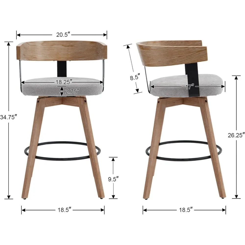 Conjunto de bancos de bar giratórios de 3 a 26" com altura de balcão e apoio para os pés - bancos de bar modernos de madeira com assento estofado em linho - 360