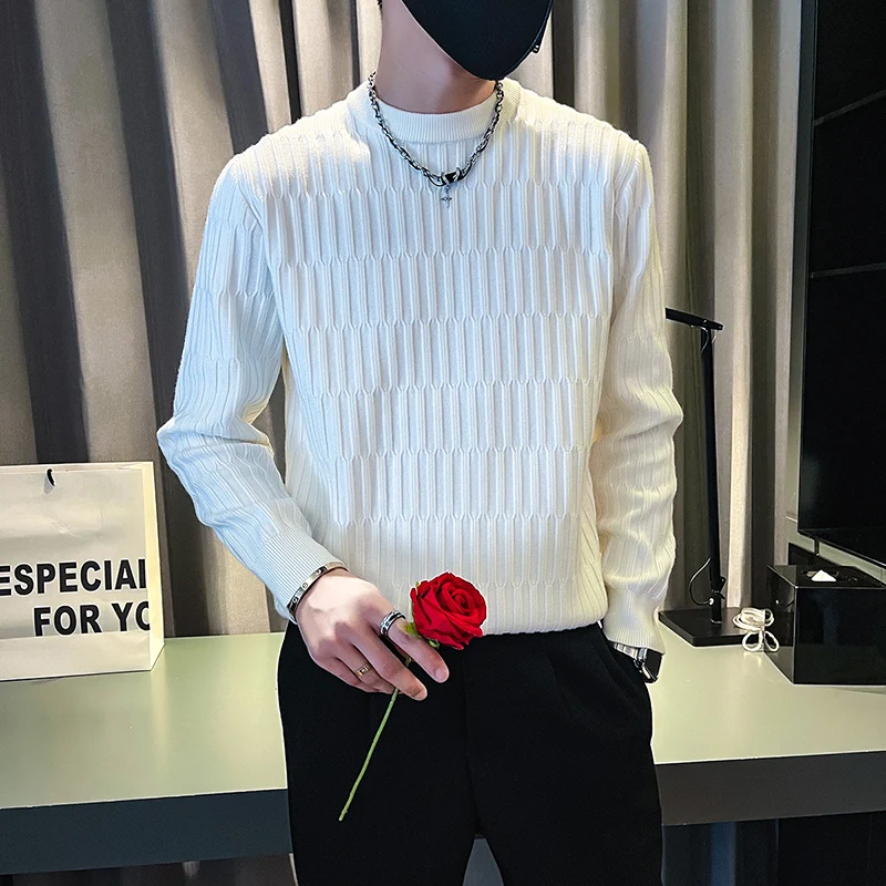 

Advanced White Knitted Sweater Men's Trendy Brand Haome Base Layer irt Autumn Winter Casual round Ne Slim Fit Wool Blend