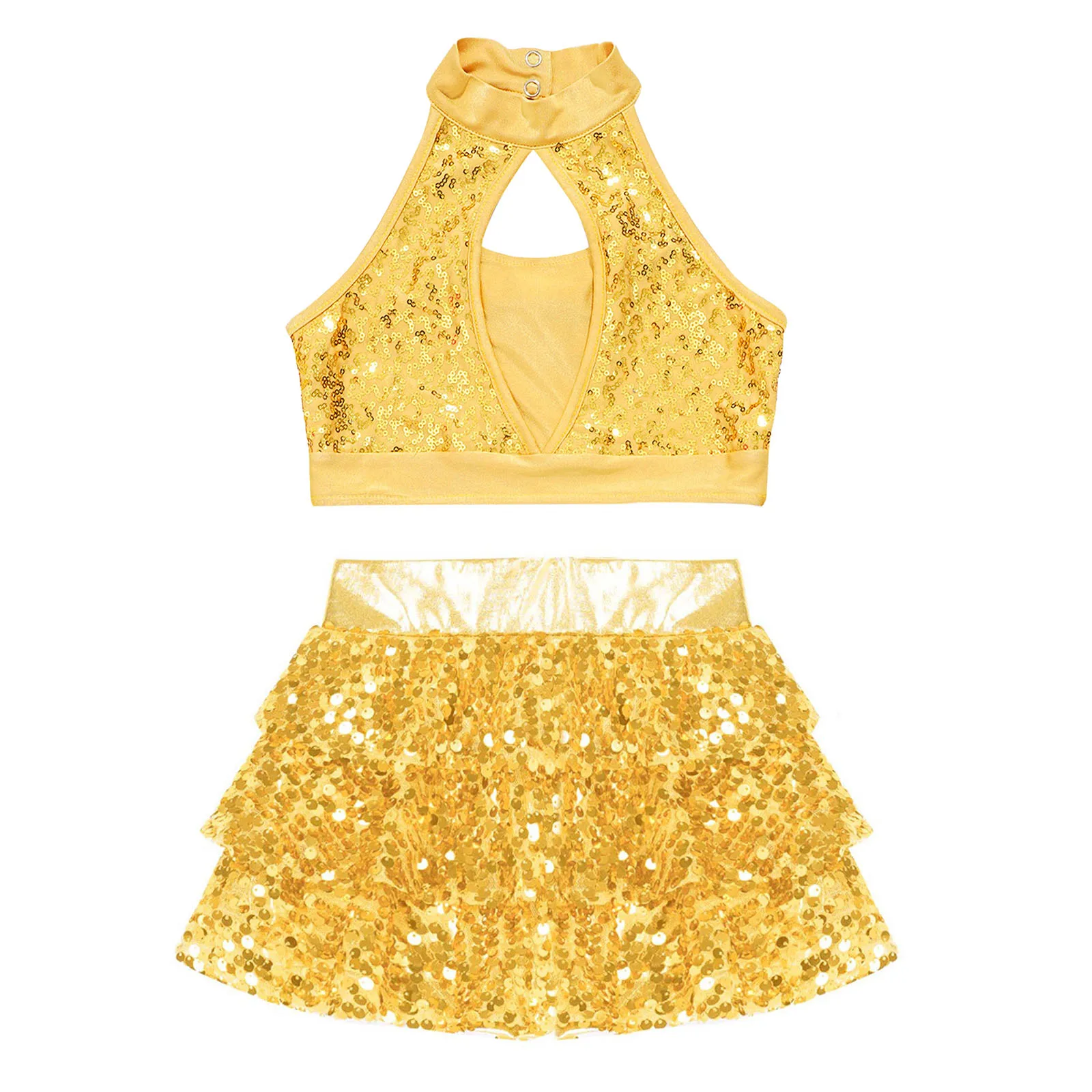 Kinderen Meisjes Pailletten Balletdans Sets Halter Nek Crop Tops Met Tutu Ruffle Rok Modern Latin Jazz Dance Performance Kostuum