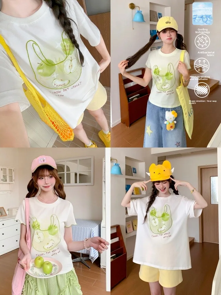 Cute Green T-Shirt Women's Loose Short Sleeve Printed Cool Feeling Summer Top Sweet Style Floral Pattern Cotton Blend Tee
