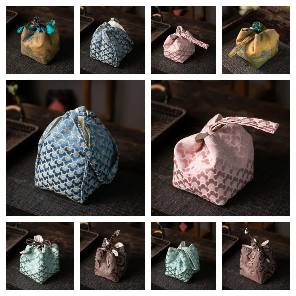 Chinese Style Teacup Drawstring Cloth Pouch Breakage-proof Portable Teaware Storage Bag Print Multifunctional