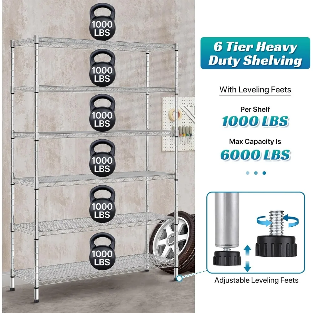 Heavy-Duty 6-Tier Steel Wire Shelving Unit with Wheels, 6000lb Capacity, Adjustable NSF-Approved Garage Storage Rack