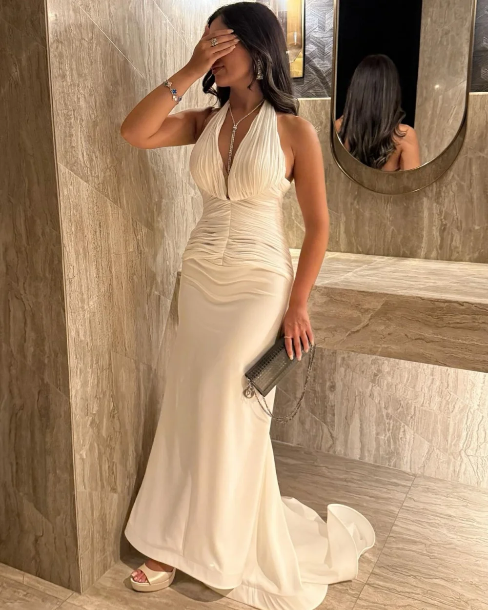 

Customized High Quality Elegant Jersey Ruched Mermaid Halter Long Dresses Bespoke Occasion Dresses Sizes Available Modern Style