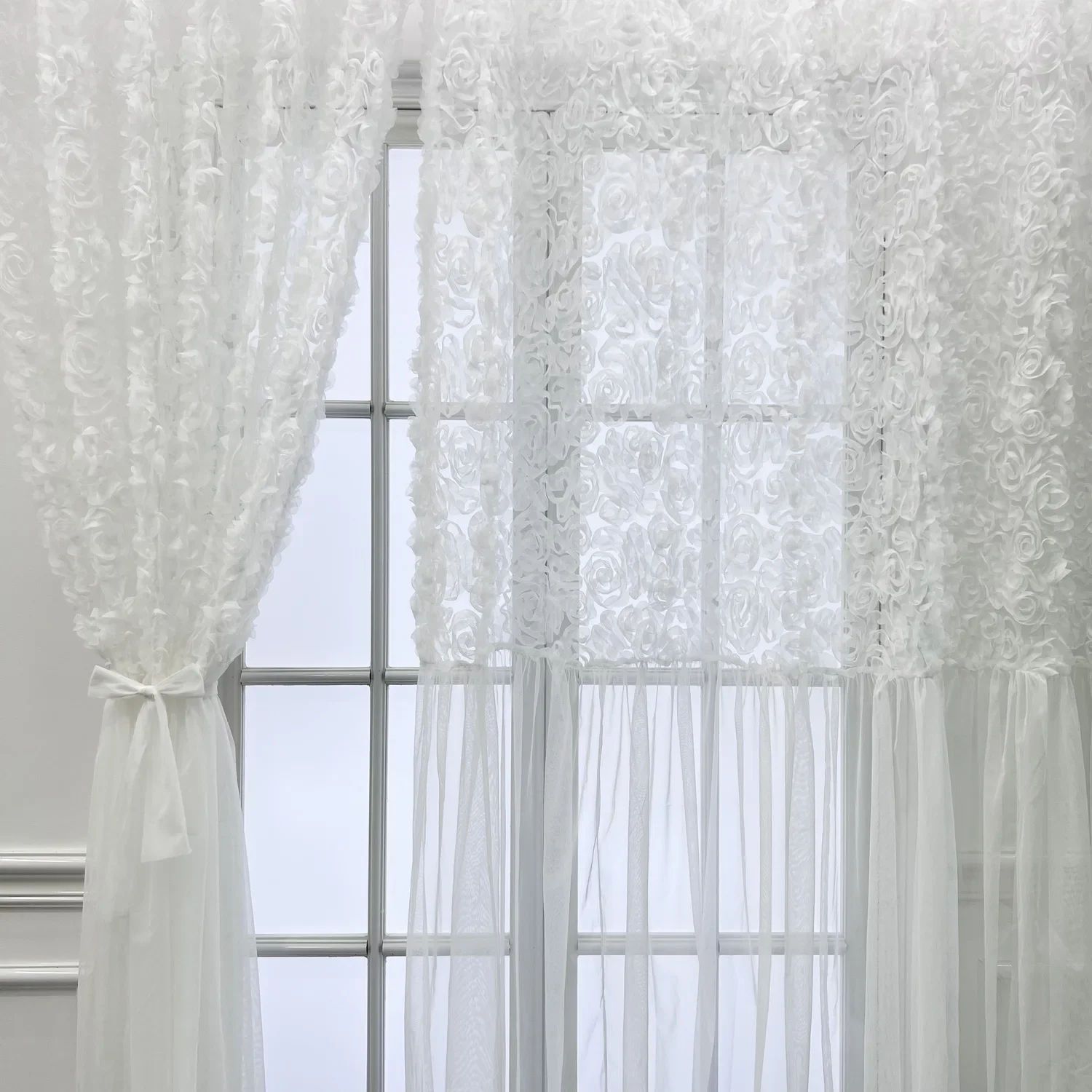 

White Rose Sheer Curtains for Livingroom Farmhouse Wedding Embroidered Floral Splicing Extra Height 300cm Balcony Tende Drapes