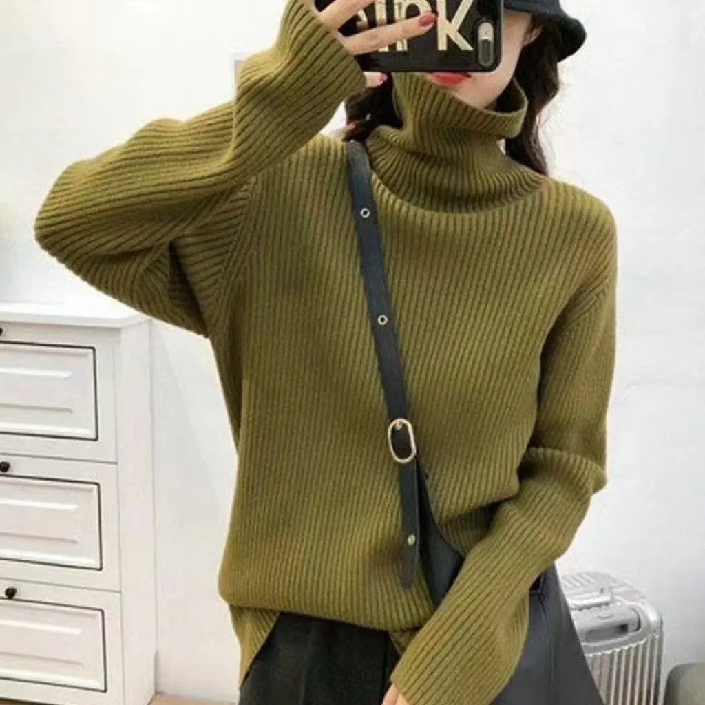 

Women's Retro Turtleneck Sweater Korean Style Loose Pullover Autumn Winter Outerwear Western Top Pit Bottoming