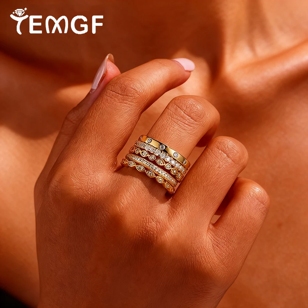 

Набор колец с муассанитом TEMGF для женщин, 5 шт., с серебряным покрытием 925 пробы, 18-каратное золото, модные сверкающие вечерние ювелирные изделия, сертифицированные GRA