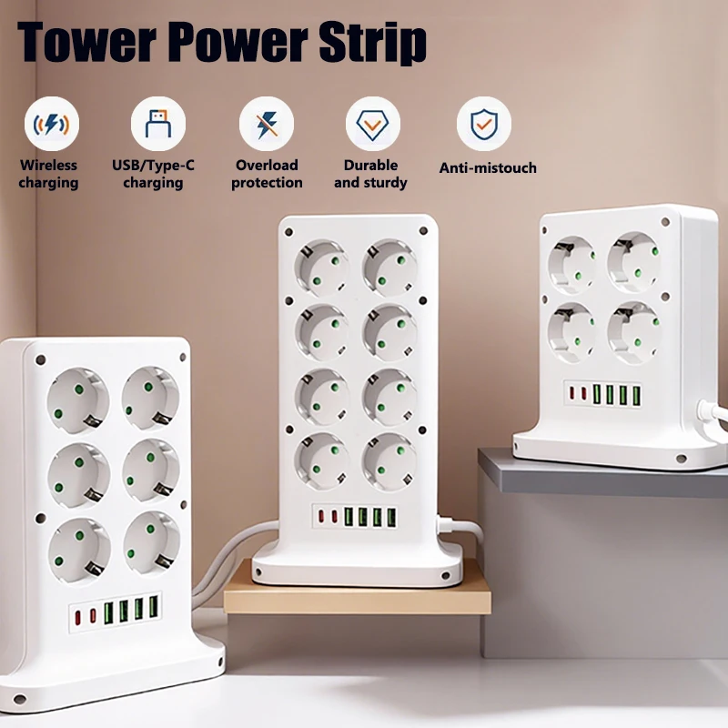 Tower Power Strip Multi Outlets 8 AC Outlets Socket With 4 USB +2 Type C 1.5M Extension Cable EU Plug Vertical Electric Socket