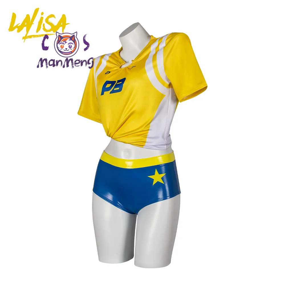 Lisa Football Gelbes Sport-T-Shirt mit kurzen Ärmeln, blaue Ledershorts, Halloween-Karneval, lässiges Cosplay-Set für Damen und Herren
