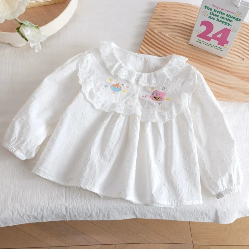 

Girls' New 2026 Spring Versatile White Embroidered Shirt Top Korean Casual Children's Clothing 2-8 Years Old